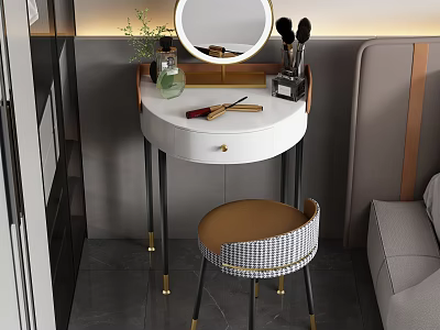 Modern Elegant Dressing Table With Round Mirror Makeup Brushes Green Plant And Gold Legs Stool 3d model