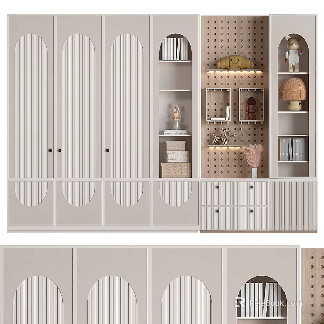 Modern Minimalist Wardrobe With Vertical Striped Doors Drawers And Open Shelves Featuring Decorative Items 3d model 
