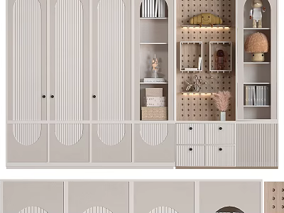 Modern Minimalist Wardrobe With Vertical Striped Doors Drawers And Open Shelves Featuring Decorative Items 3d model