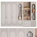 Modern Minimalist Wardrobe With Vertical Striped Doors Drawers And Open Shelves Featuring Decorative Items
