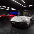 Modern Indoor Parking Garage Featuring White Sports Car And Stylish Lighting Design