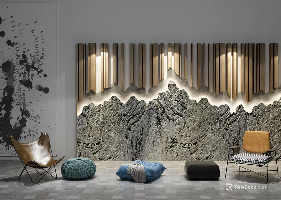 Stylish Leisure Chairs In Modern Interior With Wooden Slats Mountain Texture And Poufs 3d model 