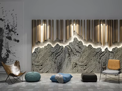 Stylish Leisure Chairs In Modern Interior With Wooden Slats Mountain Texture And Poufs 3d model