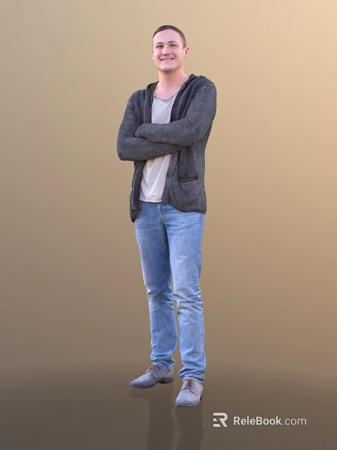 Man in gray cardigan white T-shirt blue jeans standing with arms crossed against brown background 3d model 