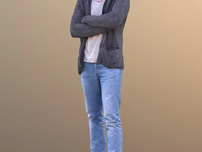 Man in gray cardigan white T-shirt blue jeans standing with arms crossed against brown background 3d model