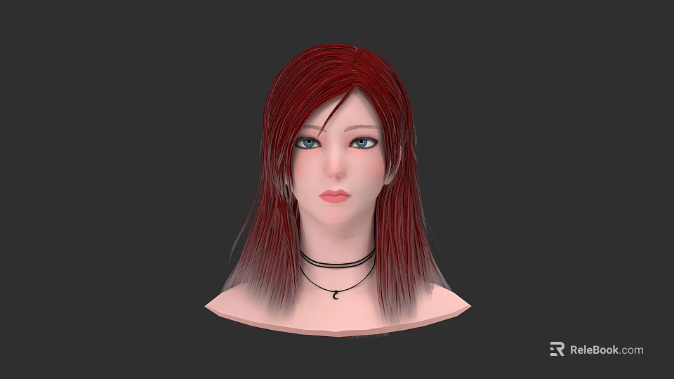 Woman With Red Brown Gradient Long Hair Blue Eyes And Black Choker Necklace 3d model 