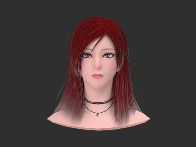 Woman With Red Brown Gradient Long Hair Blue Eyes And Black Choker Necklace 3d model