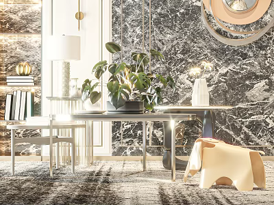 Luxury Modern Coffee Table With Marble Surface And Green Plant Decoration 3d model