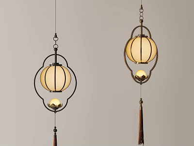 Chinese Style Chandeliers With Round Lampshades And Metal Frame Tassel Decorations In Minimalist Interior 3d model