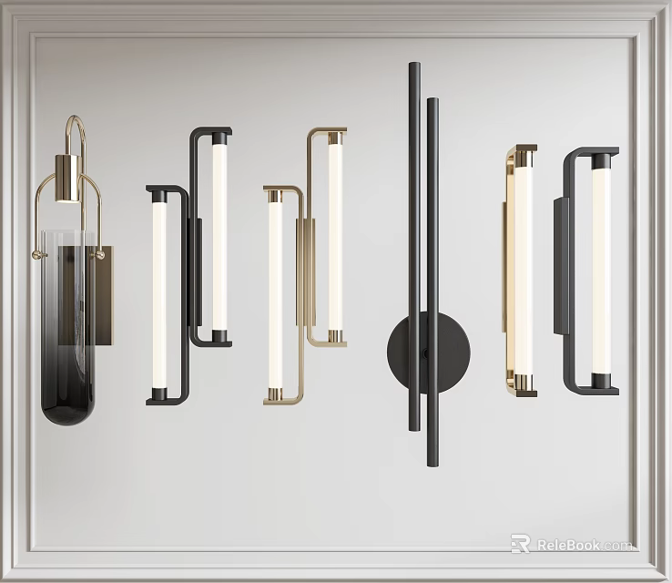 Black And Gold Metal Wall Lamps With Modern Sleek Designs And Various Shapes 3d model 