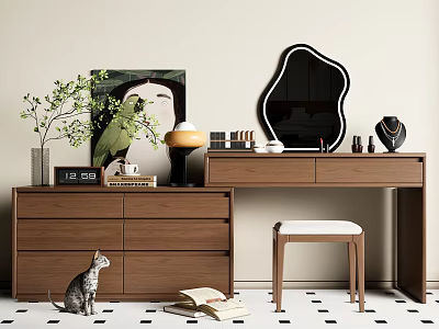 Modern Wooden Dressing Table With Irregular Mirror White Stool And Green Plant 3d model