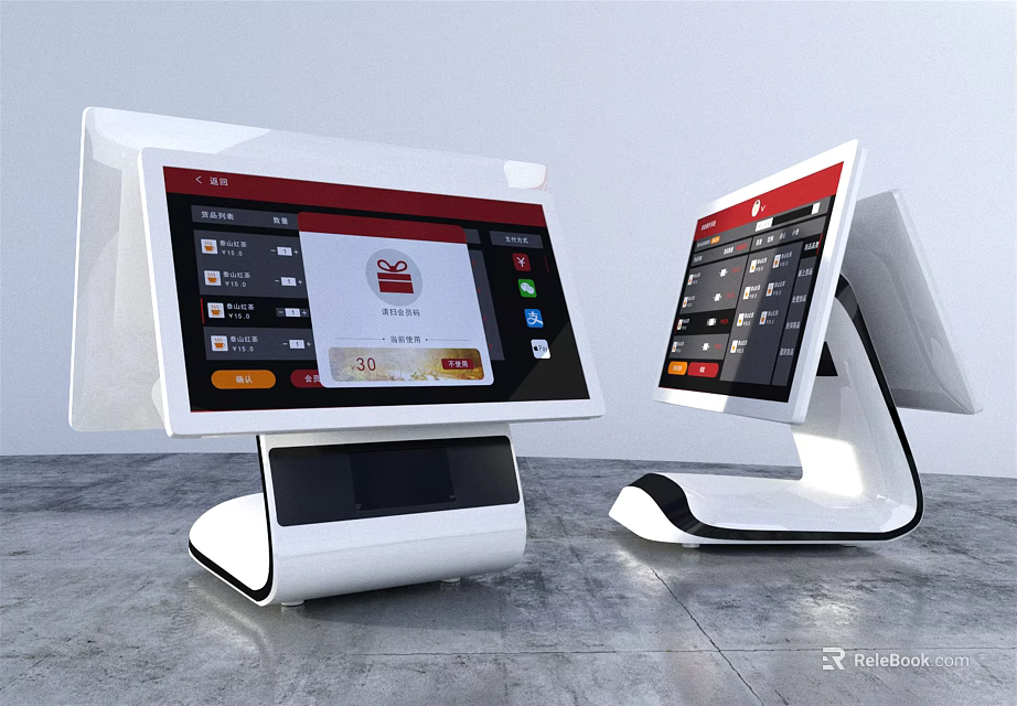 Two Modern White Commercial Equipment With Sleek Design And Display Screens For Cashier Use 3d model 