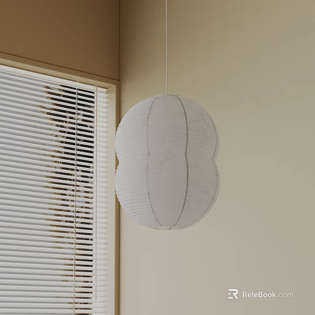 Minimalist White Round Pleated Woven Pendant Light with Window Blinds in Light Wall Interior 3d model 