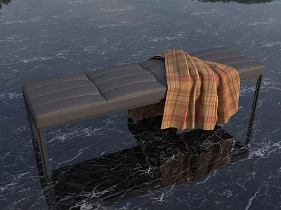 Modern Gray Striped Sofa Bench With Plaid Blanket On Black Marble Floor 3d model
