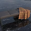 Modern Gray Striped Sofa Bench With Plaid Blanket On Black Marble Floor