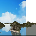 Scenic Waterfront Landscape with Calm Water Small Boat Person Steep Rocky Hills and Sky Reflections