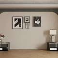 Modern Bedroom Accent Wall Decor With Framed Art Nightstands Table Lamp And Flowers