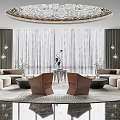 Modern Lounge Area With White Sofas Circular Ceiling Black Sculpture And Green Plants