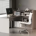 Modern Home Office Desk With Computer Monitor Bookshelf Green Plant And Ergonomic Chair