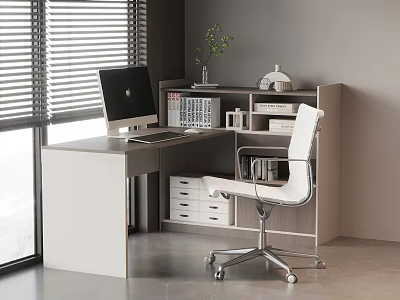 Modern Home Office Desk With Computer Monitor Bookshelf Green Plant And Ergonomic Chair 3d model