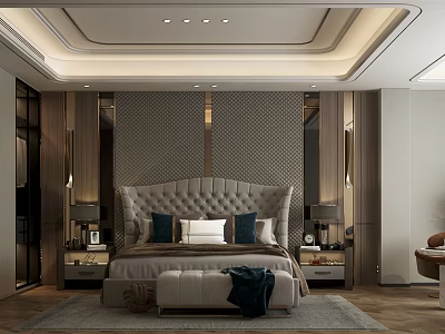Elegant Modern Bedroom Interior With Tufted Headboard Nightstands Lamps Decorative Wall And Ceiling Lighting 3d model
