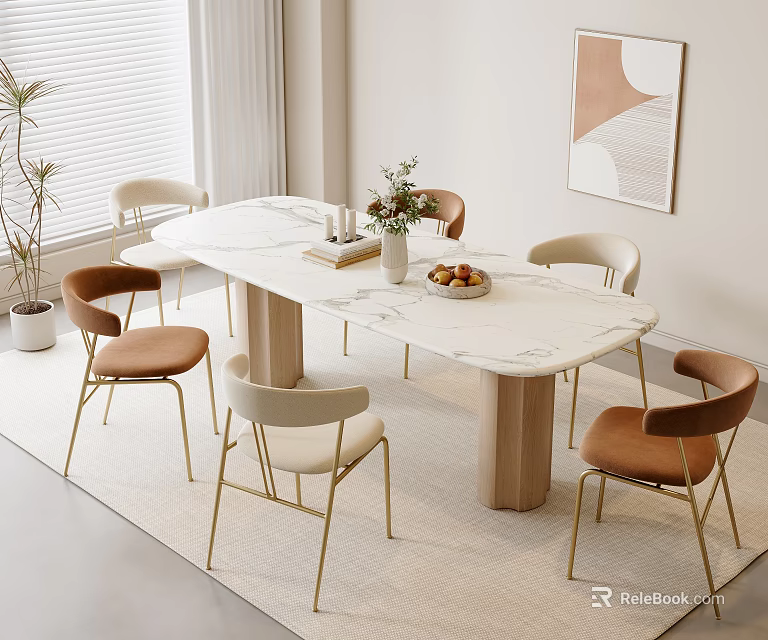 Modern Dining Set With Oval Marble Table Wooden Leg And Metal Leg Brown Beige Chairs 3d model 