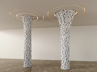 Intricate Hollow Pattern Columns With Golden Circular Rings On Top White Walls Marble Floor 3d model