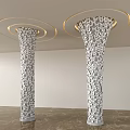 Intricate Hollow Pattern Columns With Golden Circular Rings On Top White Walls Marble Floor
