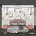 Kids Room Interior With Animal Tree Wallpaper Pink Headboard Stuffed Toys Chandelier And Rug