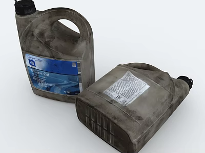 Two Gray Car Oil Plastic Containers With Labels Standing And Lying 3d model