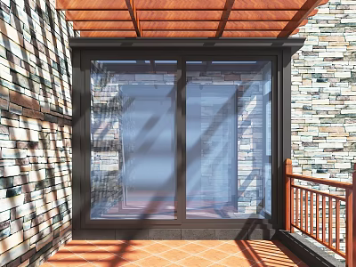Villa Balcony With Wooden Pergola Glass Doors And Stone Walls 3d model