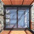 Villa Balcony With Wooden Pergola Glass Doors And Stone Walls