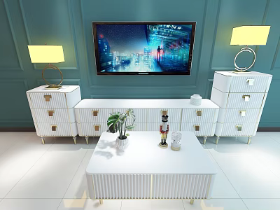 Modern White TV Stand With Gold Accents Table Lamps And Wall Mounted TV 3d model