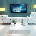 Modern White TV Stand With Gold Accents Table Lamps And Wall Mounted TV