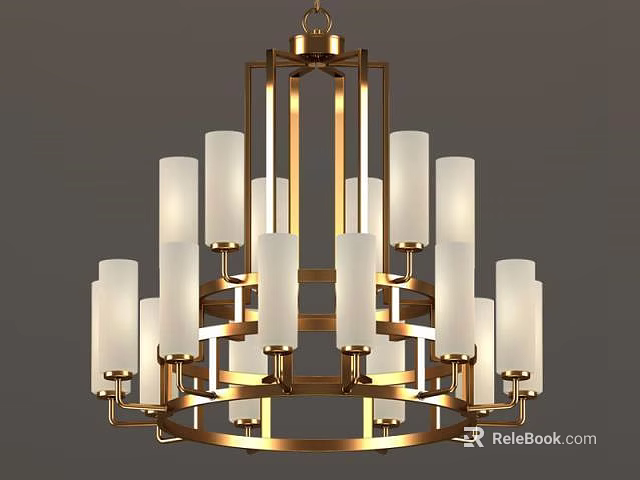 Modern Gold Frame Chandelier with White Cylindrical Lampshades and Multi Tiered Design 3d model 