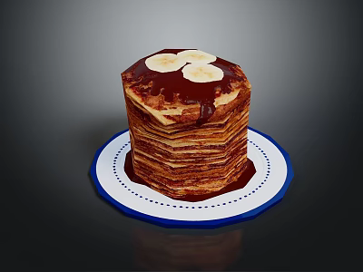 Stacked Pancakes Topped With Banana Slices And Chocolate Sauce On Blue White Plate 3d model