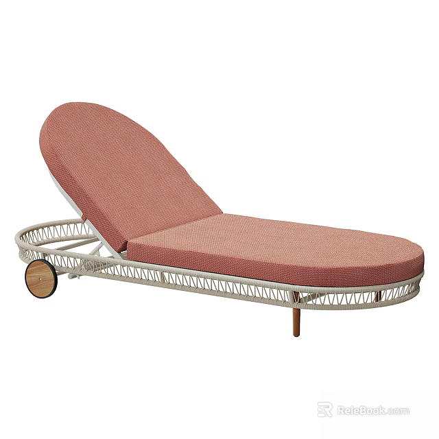 Modern Outdoor Wicker Chaise Lounge With Soft Pink Cushion And Movable Wooden Wheels For Relaxation 3d model 