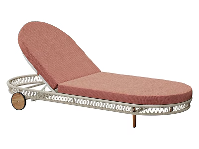 Modern Outdoor Wicker Chaise Lounge With Soft Pink Cushion And Movable Wooden Wheels For Relaxation 3d model