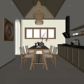 Warm Natural Kitchen Interior With Wooden Dining Table Rattan Pendant Lights And Black Refrigerator