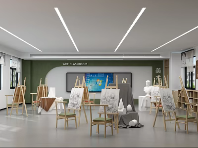 School Art Classroom With Green Wall Projection Screen Wooden Easels And Plaster Models 3d model