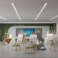 School Art Classroom With Green Wall Projection Screen Wooden Easels And Plaster Models