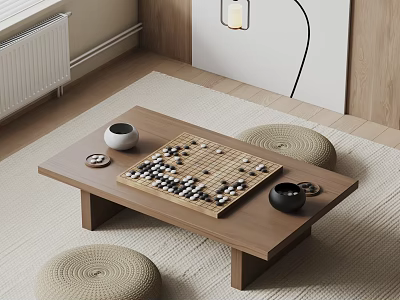 Go Board Game Setup In Minimalist Room With Tea Sets And Cushions 3d model