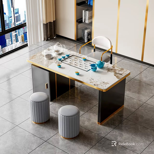 Elegant Modern Tea Table and Chairs with Marble Top and Gray Stools 3d model