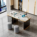 Elegant Modern Tea Table and Chairs with Marble Top and Gray Stools 3d model