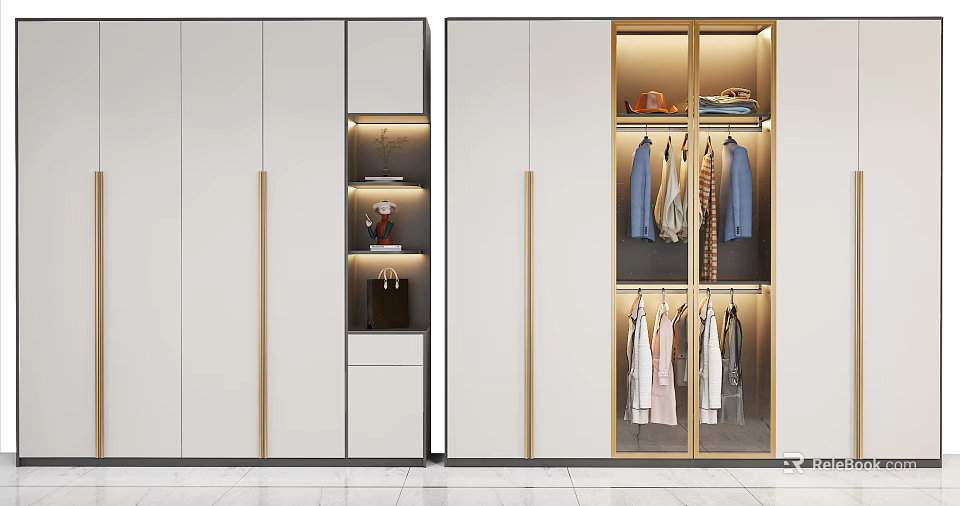 Modern White Wardrobe Design With Gold Trim Glass Doors And Hanging Clothes Storage 3d model 