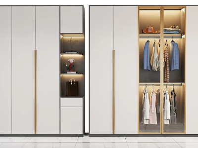 Modern White Wardrobe Design With Gold Trim Glass Doors And Hanging Clothes Storage 3d model