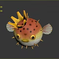 Cartoon Puffer Fish with Yellow Crown Decoration Red Body Black Spots Orange Spines Yellow Eyes