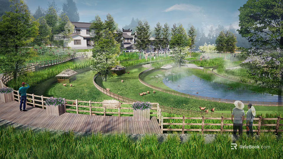 Tranquil Rural Landscape With Traditional Houses Trees Pond Grassland And Wooden Path 3d model 