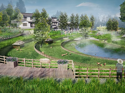 Tranquil Rural Landscape With Traditional Houses Trees Pond Grassland And Wooden Path 3d model