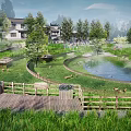 Tranquil Rural Landscape With Traditional Houses Trees Pond Grassland And Wooden Path